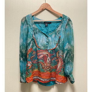Vintage Womens Top Large Colorful Paisley Silk Chiffon Popover Artsy Boho Y2K